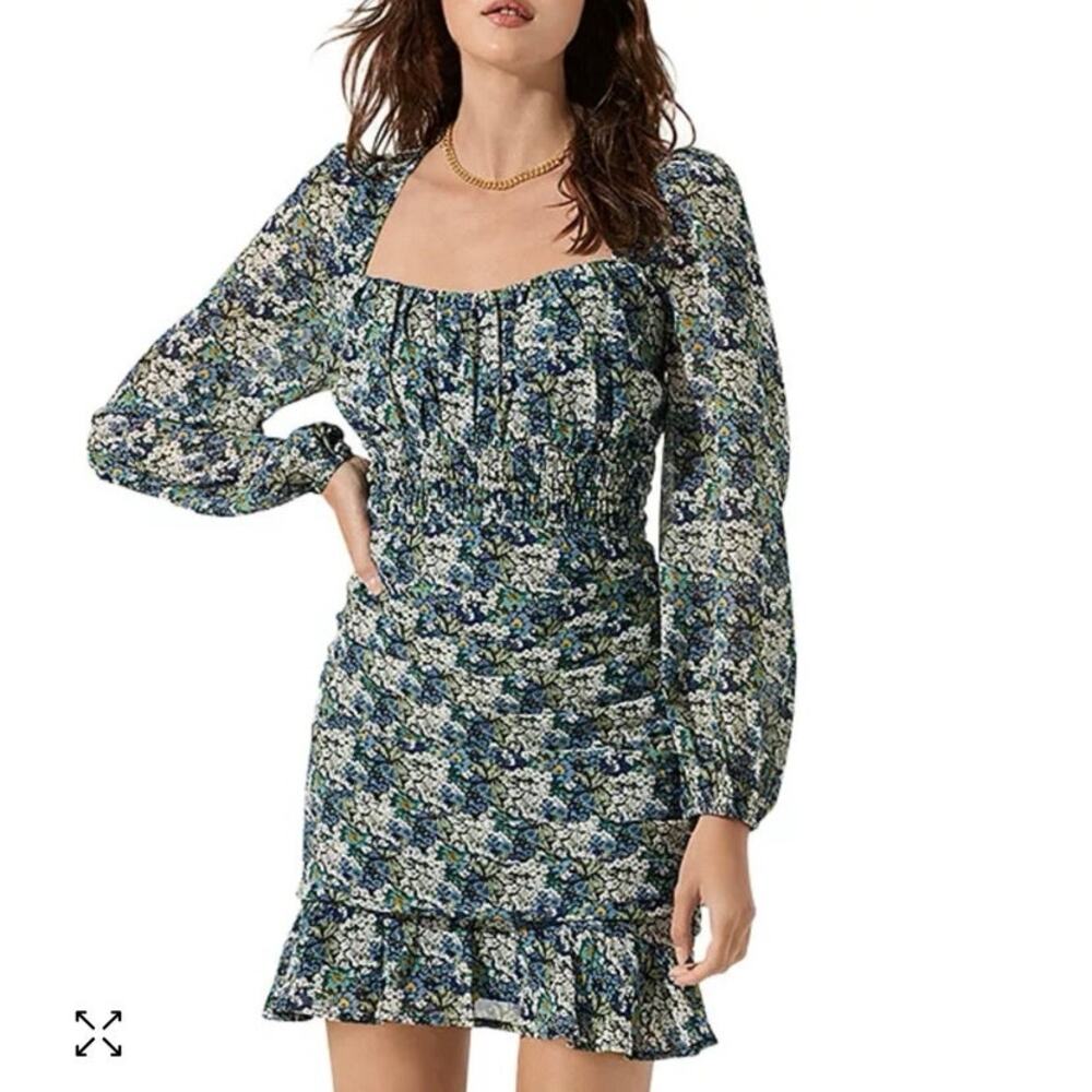 ASTR The Label Ruched Floral Green/Blue Mini Dress - Size S